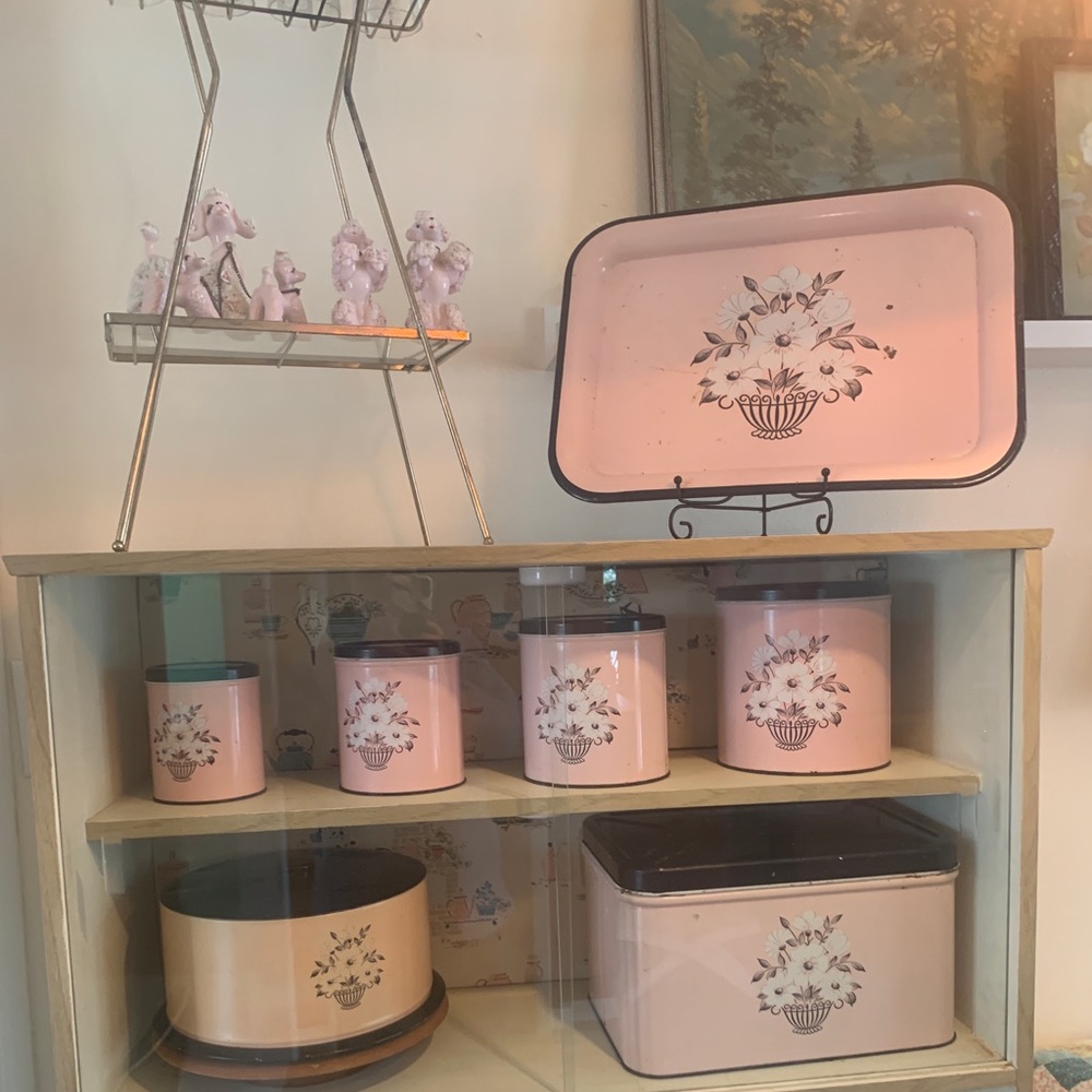 Vintage Retro Midcentury Pink Floral Decoware Breadbox canisters tray cake tin
